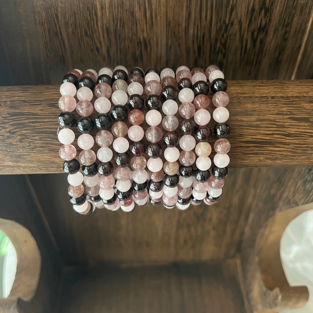 Multi stone bracelet (one) Garnet, Rose Quartz, Strawberry Quartz